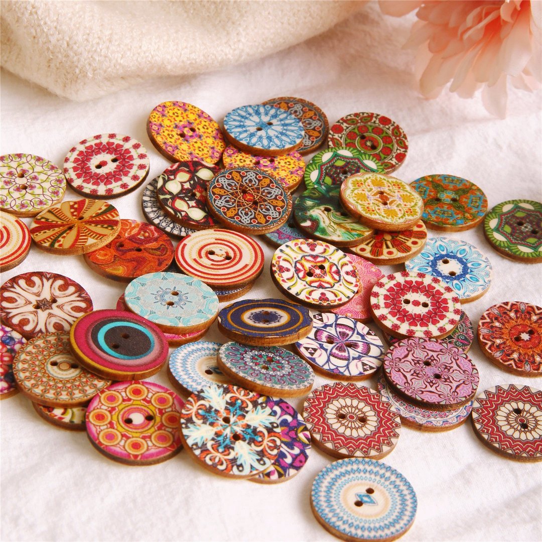 50Pcs 25mm Multi-Color Wooden Buttons Round Sewing Buttons for DIY Craft Bag Hat Clothes Decoration