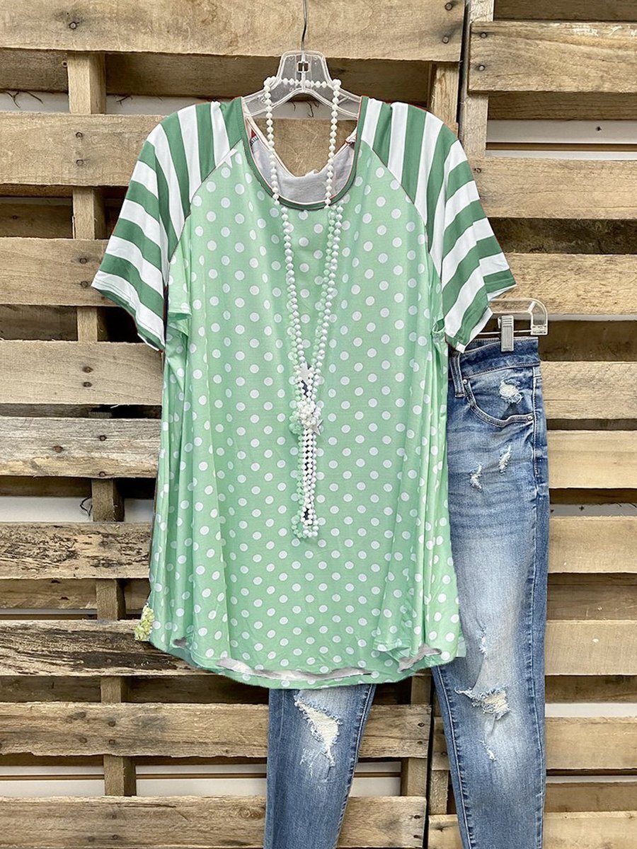 JERSEY POLKA DOTS PANELED STRIPES SHORT SLEEVE CASUAL SHIRTS & TOPS