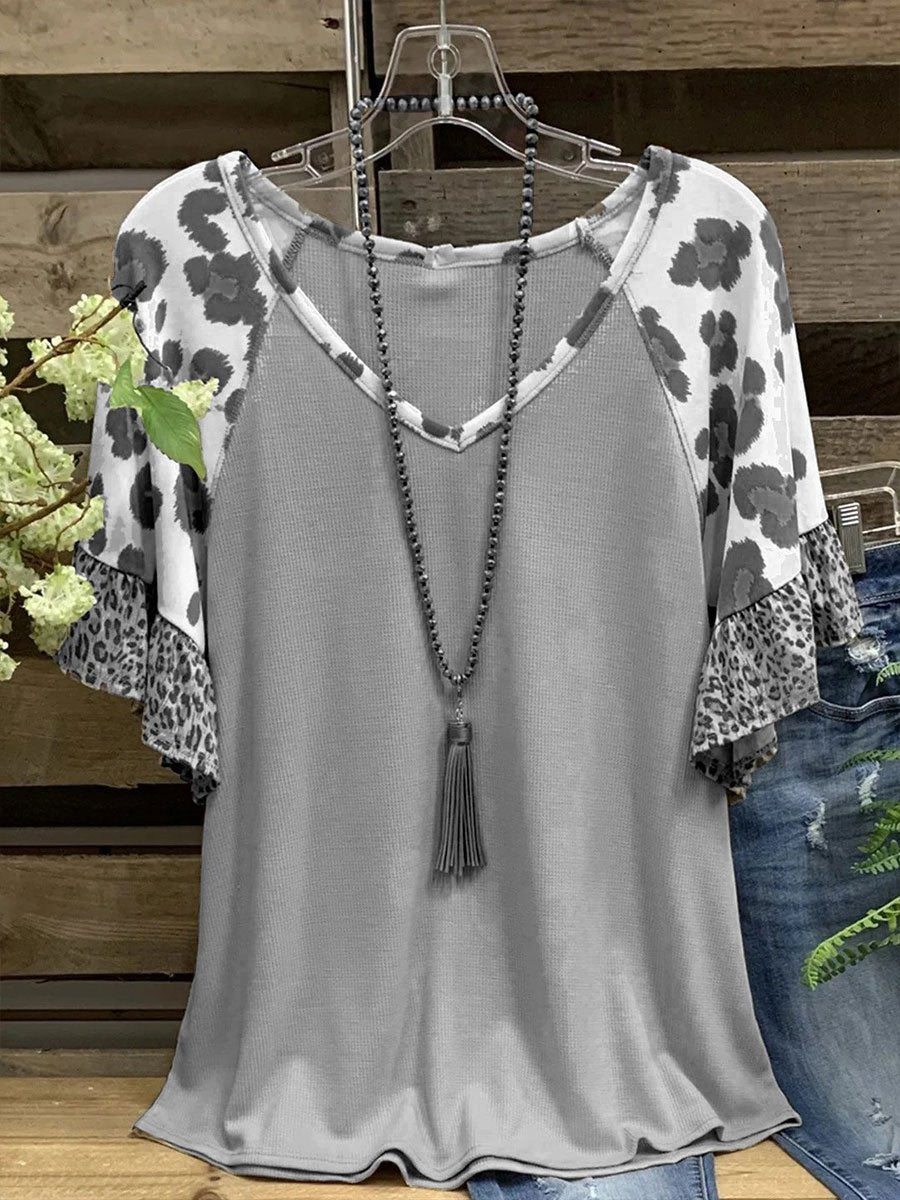 V Neck Leopard Cotton Short Sleeve Shirts & Tops