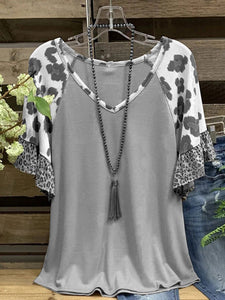 V Neck Leopard Cotton Short Sleeve Shirts & Tops