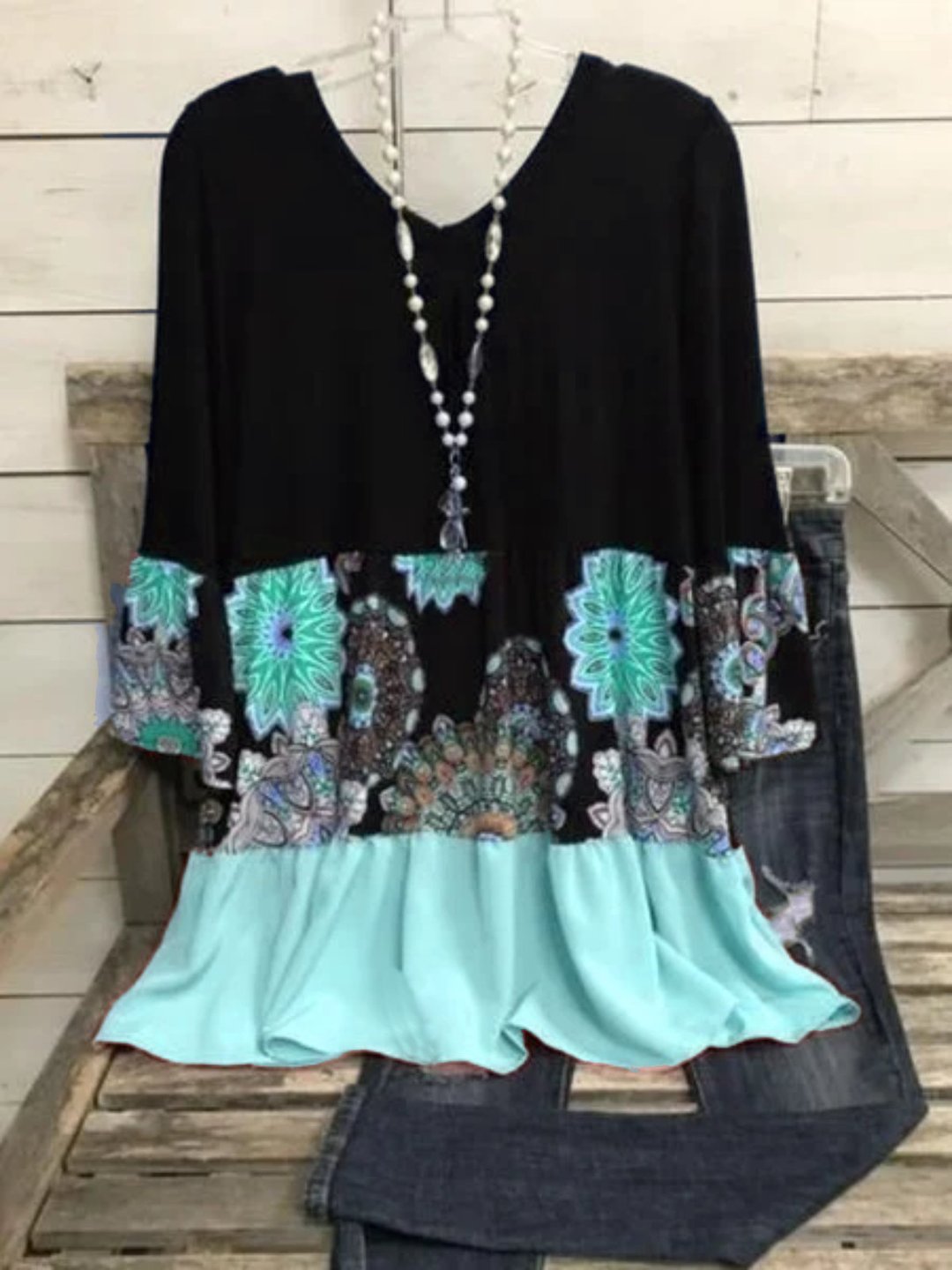 Casual Long Sleeve Round Neck Plus Size Printed Tops