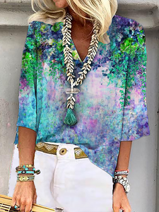 PLUS SIZE FLORAL V NECK SHIRTS & TOPS - Blue