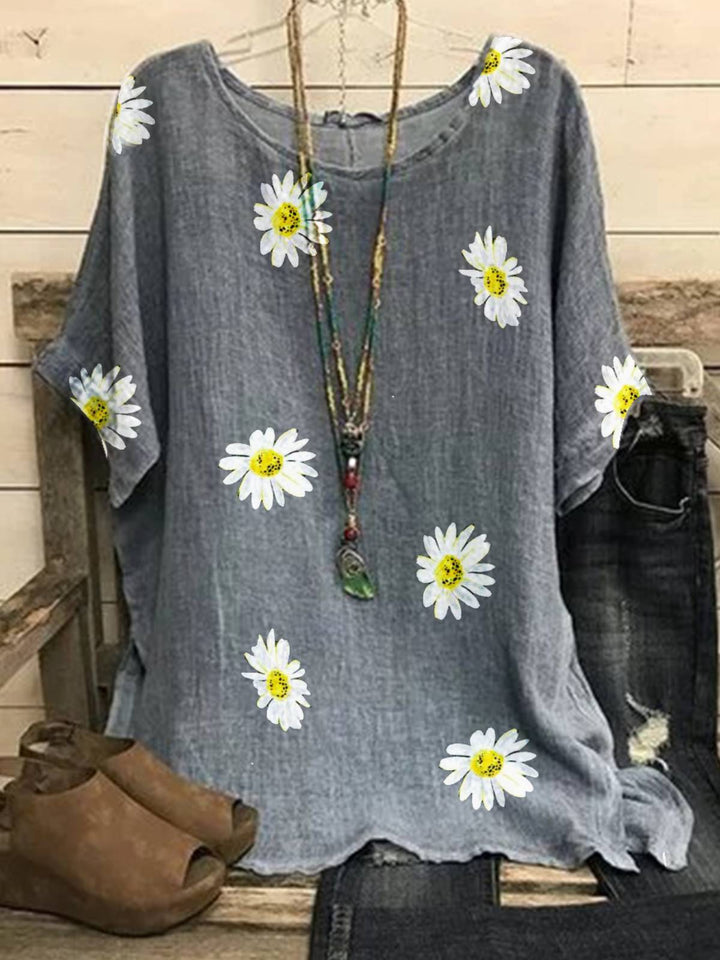 GRAY FLORAL-PRINT CASUAL CREW NECK COTTON-BLEND SHIRTS & TOPS