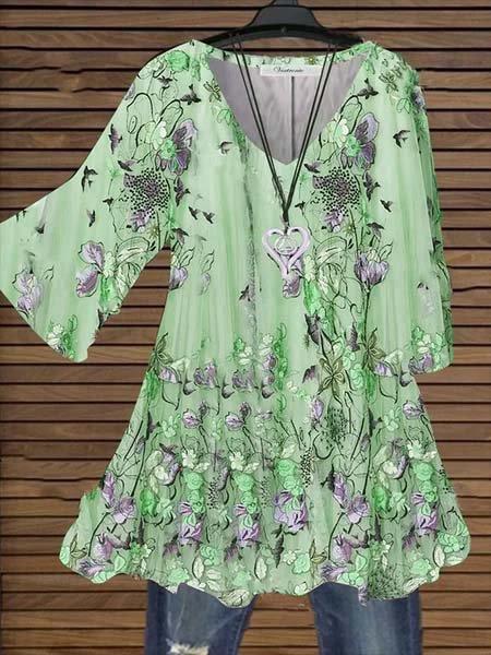 FLORAL-PRINT V NECK CASUAL SHORT SLEEVE SHIRTS & TOPS