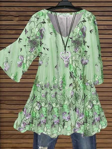 FLORAL-PRINT V NECK CASUAL SHORT SLEEVE SHIRTS & TOPS