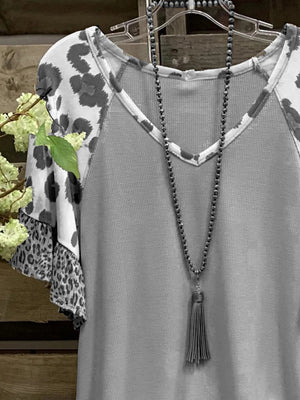 V Neck Leopard Cotton Short Sleeve Shirts & Tops