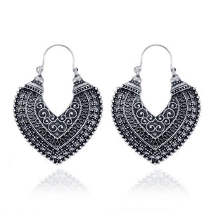 Vintage national style heart-shaped carved hollow-out Alloy earrings