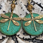 Retro bronze and green dragonfly ethnic style simple earrings