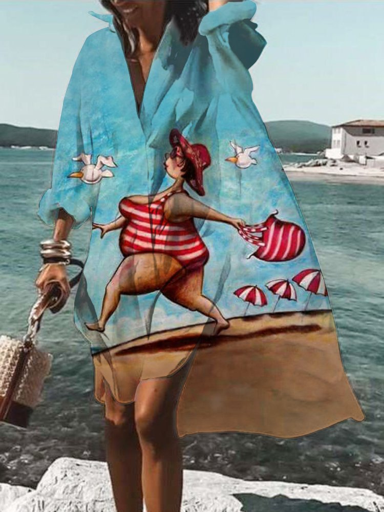 Print V Neck Casual Shirt Dress