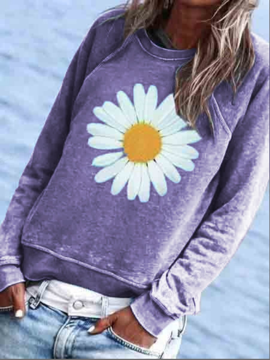 BLUE COTTON-BLEND CREW NECK FLORAL CASUAL SHIRTS & TOPS