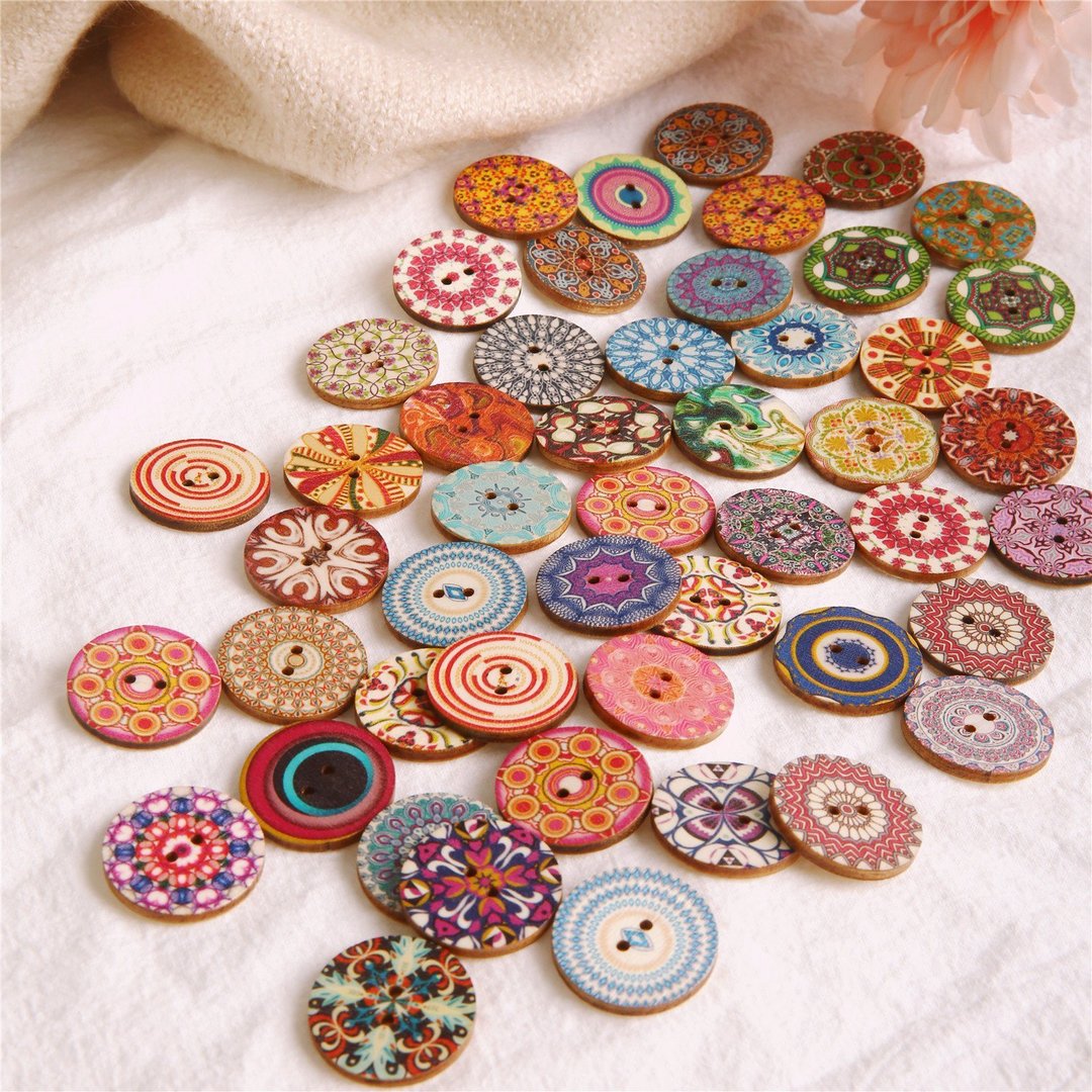 50Pcs 25mm Multi-Color Wooden Buttons Round Sewing Buttons for DIY Craft Bag Hat Clothes Decoration