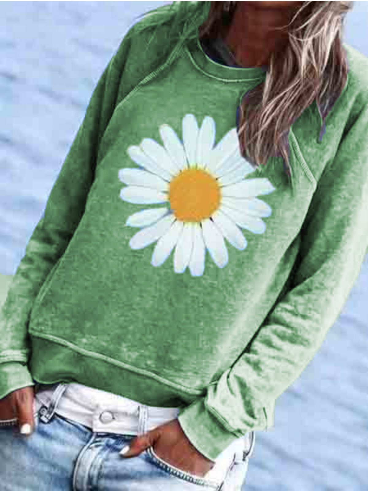 BLUE COTTON-BLEND CREW NECK FLORAL CASUAL SHIRTS & TOPS