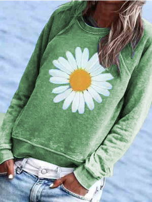 BLUE COTTON-BLEND CREW NECK FLORAL CASUAL SHIRTS & TOPS