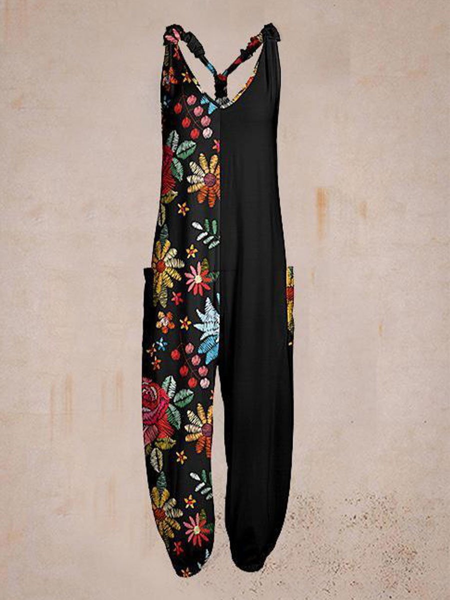 Womens Summer Flower Pattern Sleeveless Harem Jumpsuit