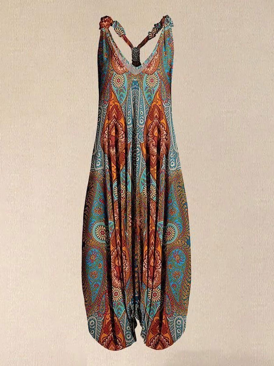 Hot Sale Women Teal & Orange Paisley Racerback Harem Jumpsuit