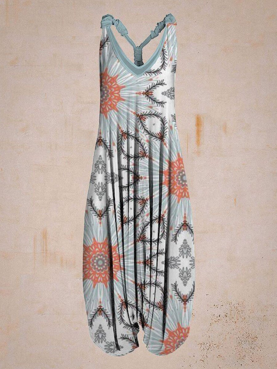Women Vintage Floral Sleeveless Harem Jumpsuit
