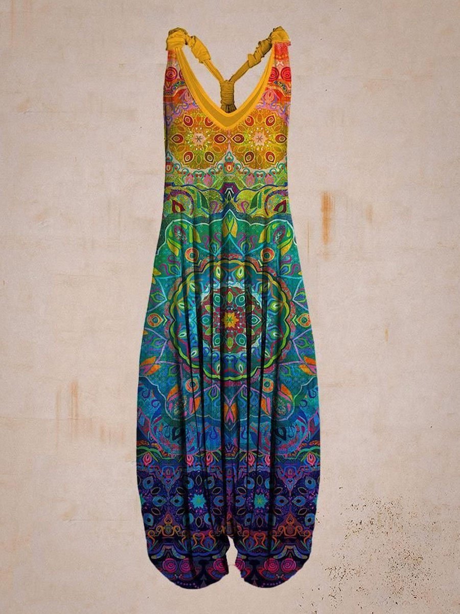 Women Retro Colorful Pattern Print Sleeveless Harem Jumpsuit