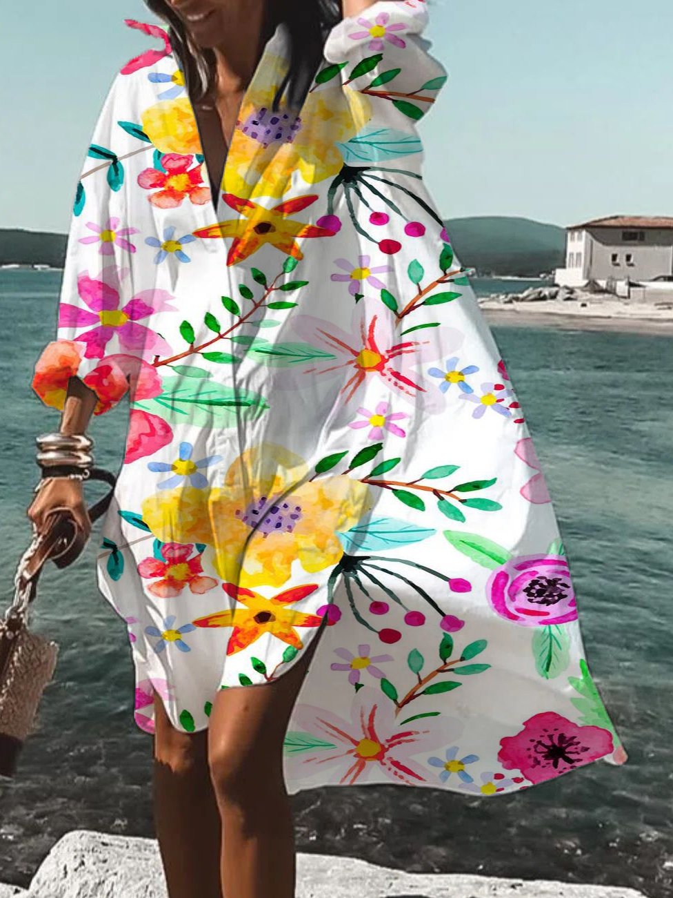 Solid V Neck Casual Dress-1