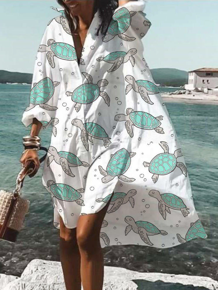 Casual loose seaside ocean turtle print shirt dress