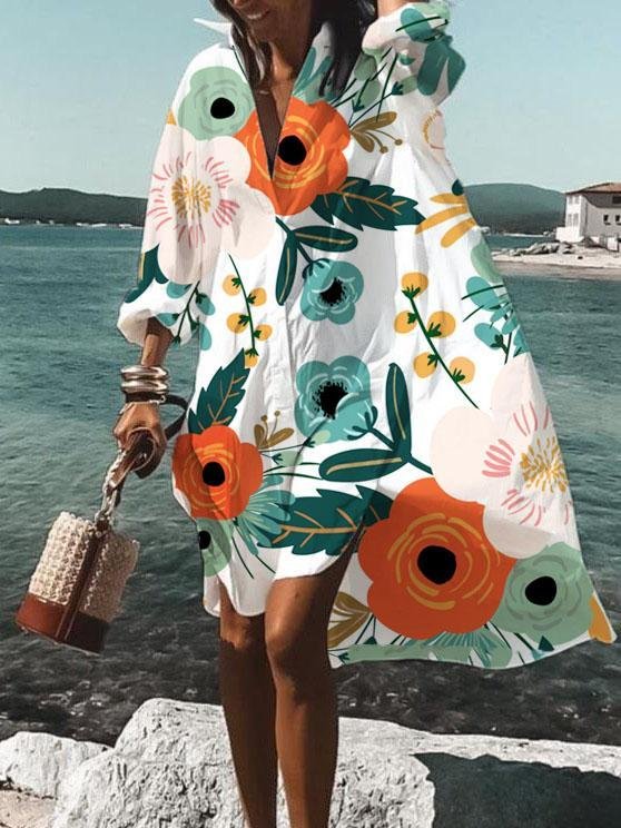 Casual Floral Tunic V-Neckline Shift Dress