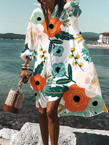 Casual Floral Tunic V-Neckline Shift Dress