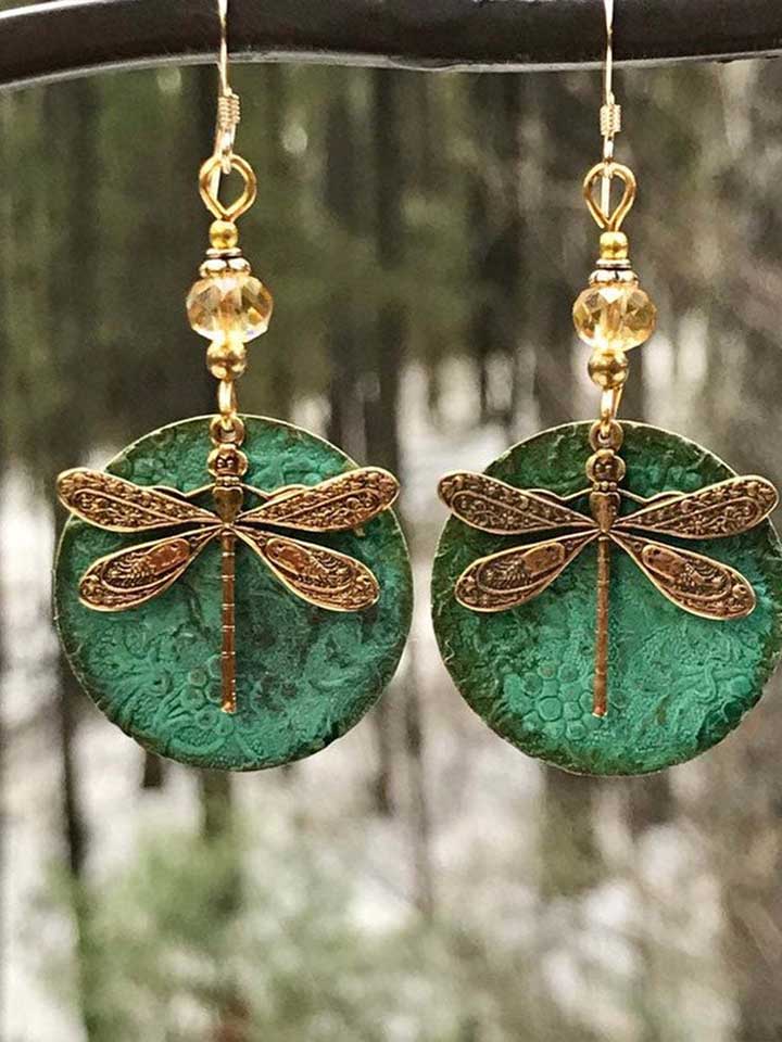 Retro bronze and green dragonfly ethnic style simple earrings