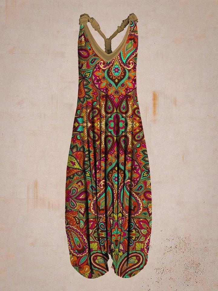 Women Vintage Pattern Sleeveless Harem Jumpsuit