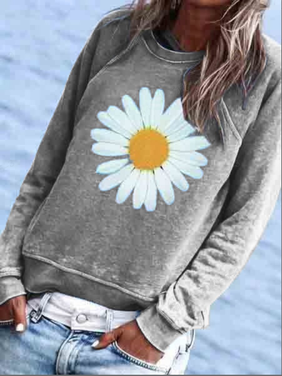 BLUE COTTON-BLEND CREW NECK FLORAL CASUAL SHIRTS & TOPS
