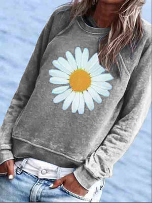 BLUE COTTON-BLEND CREW NECK FLORAL CASUAL SHIRTS & TOPS