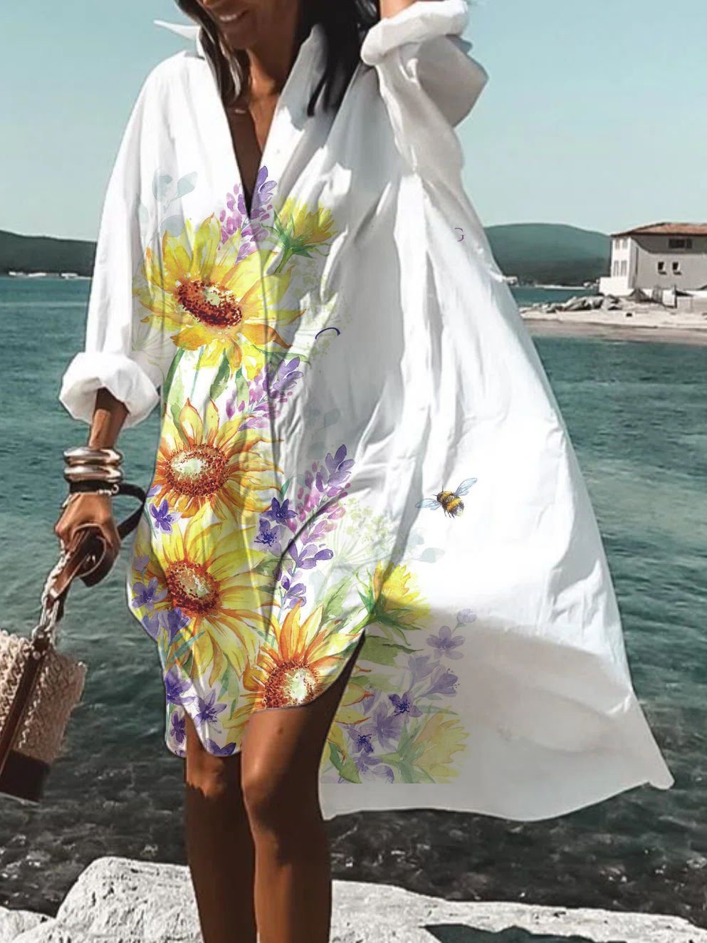Solid V Neck Casual Dress - 5