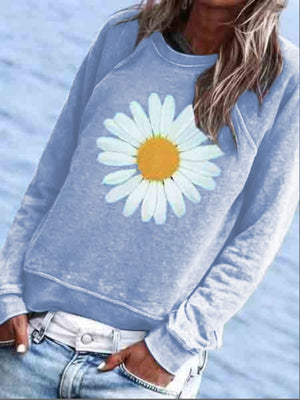 BLUE COTTON-BLEND CREW NECK FLORAL CASUAL SHIRTS & TOPS