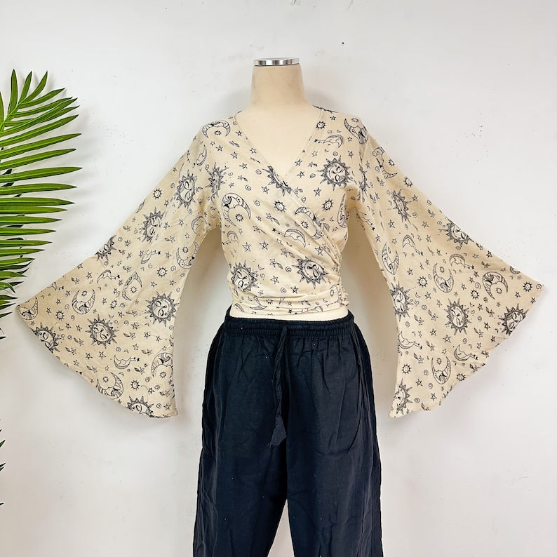 Ladies Celestial Print Boho Bell Sleeve Top