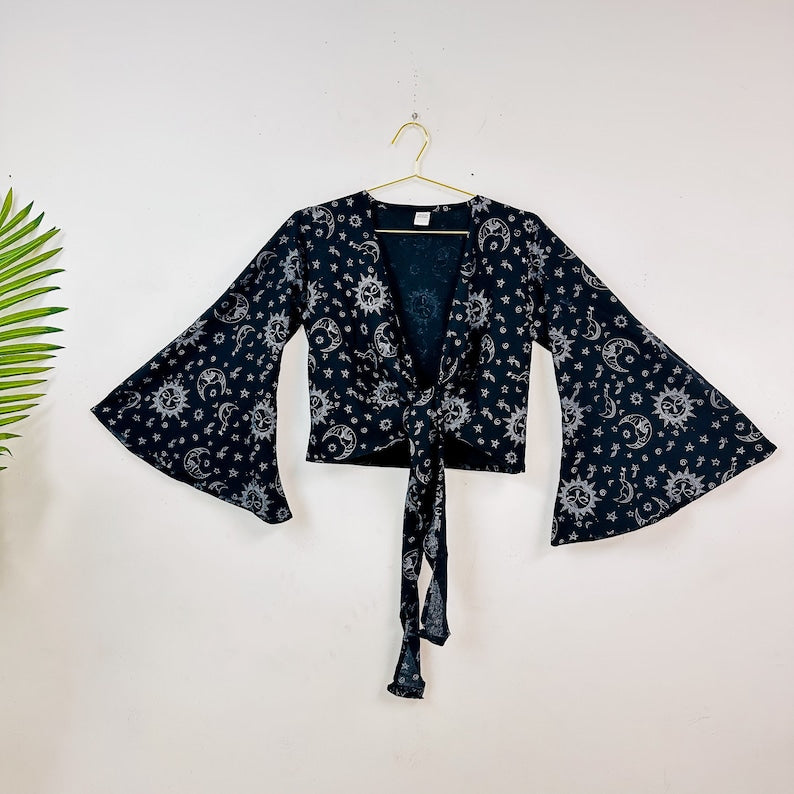 Ladies Celestial Print Boho Bell Sleeve Top