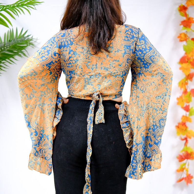 Women's Boho Ruffled Sleeve Cropped Top